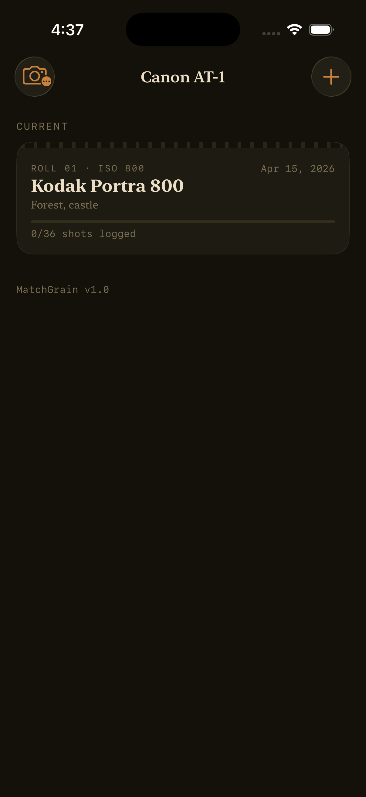 MatchGrain home screen showing a list of film rolls